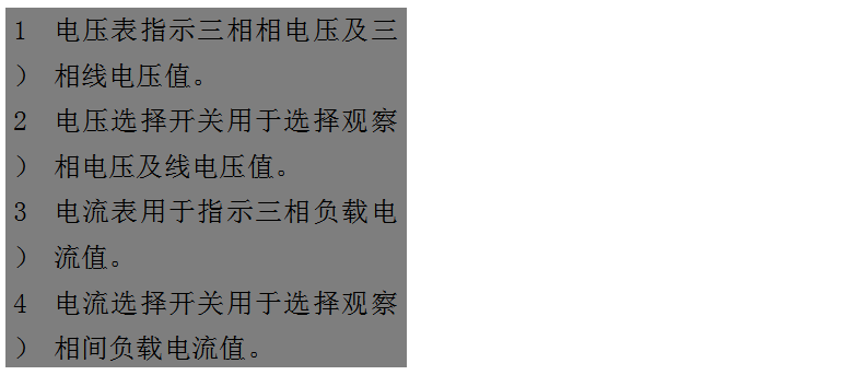 文本框: 1）	電壓表指示三相相電壓及三相線電壓值。
2）	電壓選擇開關用于選擇觀察相電壓及線電壓值。
3）	電流表用于指示三相負載電流值。
4）	電流選擇開關用于選擇觀察相間負載電流值。
5）	運行時間表用于指示柴油發(fā)電機組的累計運行時間。
6）	機油壓力表用于指示機組運行時的機油壓讀數(shù)。
7）	水溫表用于指示冷卻液溫度數(shù)值。
8）	頻率/轉(zhuǎn)速表用于指示輸出電力的頻率和機組的轉(zhuǎn)速。
9）	電池電壓表用于指示電池的充電電壓。

